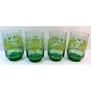 Vtg Green Glass Tumbler Cottage Floral Flowers Motif Homestead House Set 4